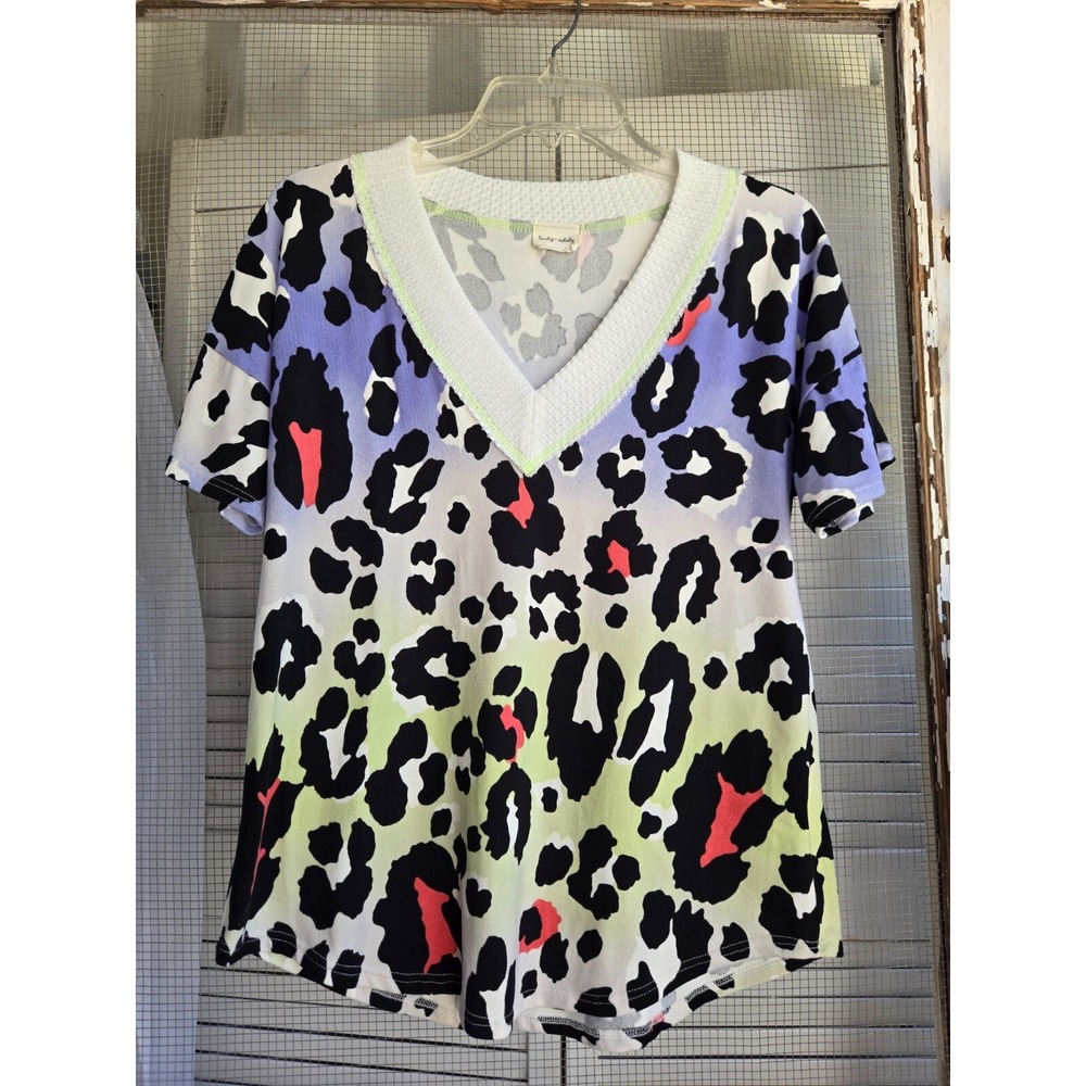 Lovely Melody Colorful Leopard Print Blouse Shirt Top V-neck Purple Green Black